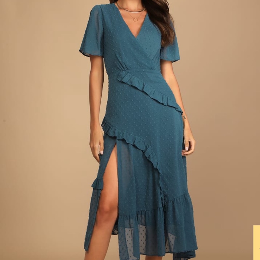Lulu’s Next To You Slate Blue Swiss Dot Ruffled MIDI Dress
